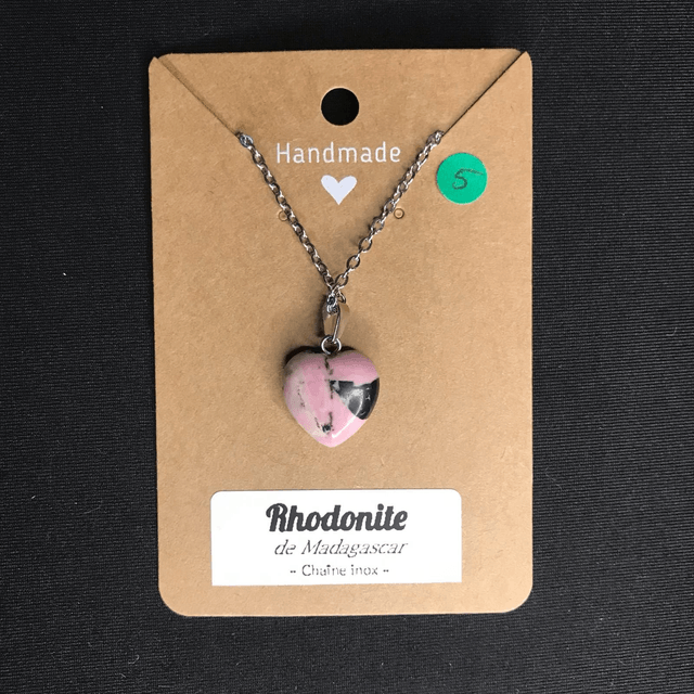 RHODONITE - Pendentif cœur N°5 avec chaîne inox[Madagascar]