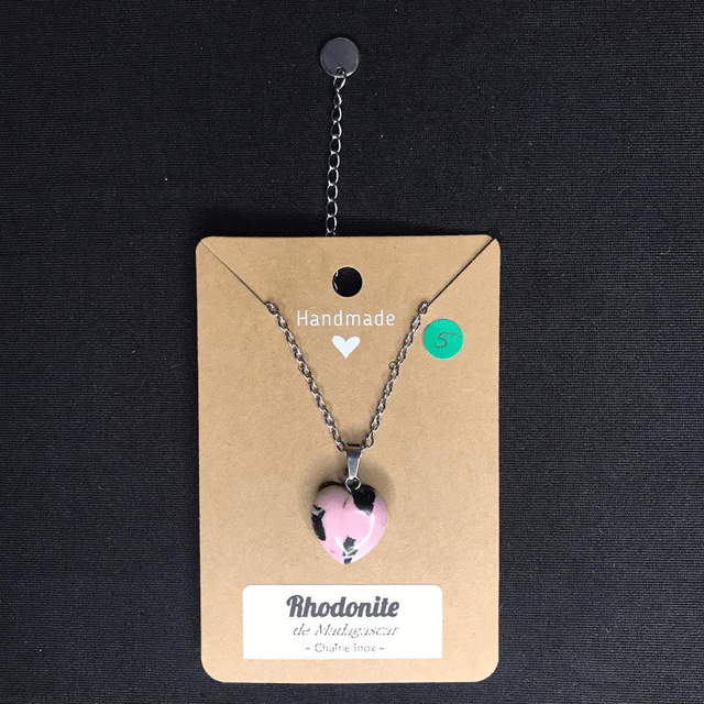RHODONITE - Pendentif cœur N°5 avec chaîne inox[Madagascar]