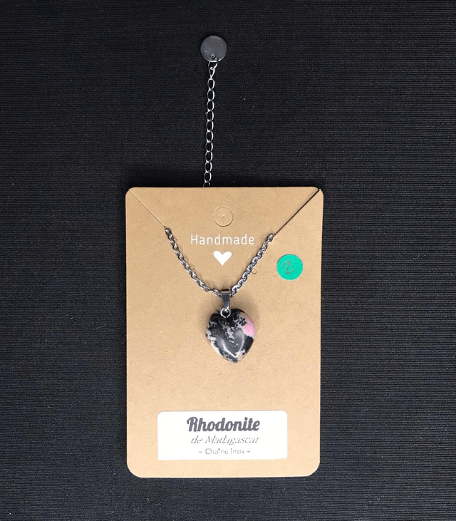 RHODONITE - Pendentif cœur N°2 avec chaîne inox[Madagascar]