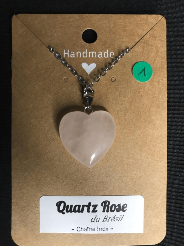 QUARTZ ROSE - Pendentif cœur N°1 avec chaîne inox[Brésil]