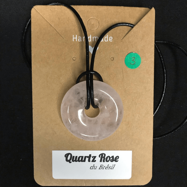 QUARTZ ROSE - Pendentif Donut N°3 avec cordon cuir [Brésil]