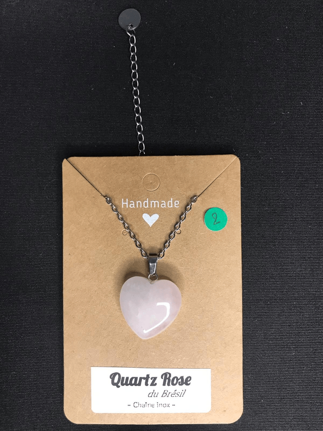 QUARTZ ROSE - Pendentif cœur N°2 avec chaîne inox[Brésil]
