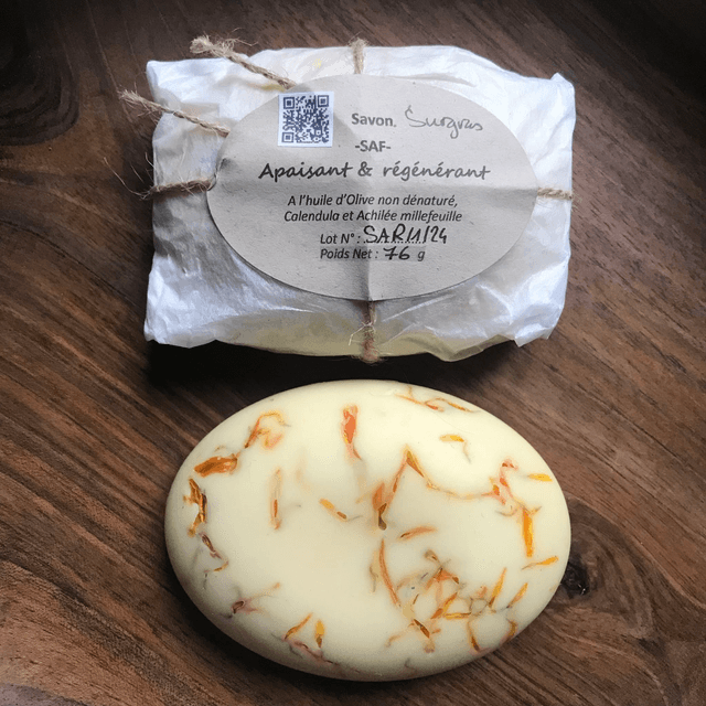 SAVON SURGRAS APAISANT &amp; REGENERANT-Huile d&#039;Olive BIO-Calendula &amp;Achillée millefeuille